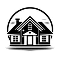 Minimalist black and white illustration of a charming house surrounded by a circle frame, conveying tranquility. vector