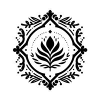 Elegant black white floral emblem symmetrical with botanical elements and ornate border on a white background. vector