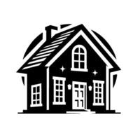 Black and white illustration of a charming house with multiple windows, arched window and a chimney, set against a white background within a round shape. vector