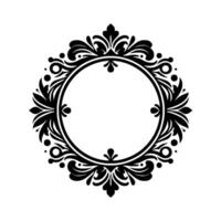 Ornate black and white circular frame design, featuring intricate floral and leafy motifs, elegant and symmetrical on a plain white background. vector