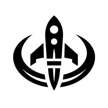 Monochromatic rocket set within crescent design, depicting propulsion, future endeavors, and innovation against white backdrop. vector