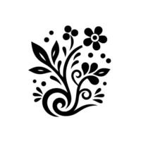 A stylized black floral design, a minimalist illustration featuring a flower, leaves, and swirling accents set against a white background. vector