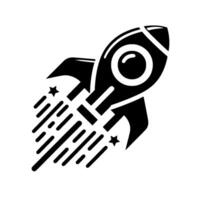 Bold black and white rocket soaring through space, depicting movement with speed lines and stars against a clean background. vector