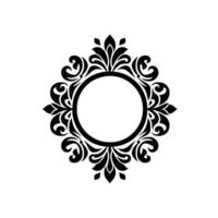 A symmetrical, monochrome decorative element, comprising a central circular space encircled by ornate, stylized floral and scrollwork patterns. vector