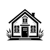 Minimalist black and white illustration of a house with grass and reeds, representing home and nature, in a simple, style vector