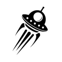 A minimalist, black and white illustration showcasing a classic, stylized ufo in midflight, emitting vapor trails, set against a clean white backdrop, invoking retrofuturistic imagery. vector
