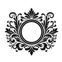 Intricate black and white floral ornament frame with a central circular space, perfect for text or graphics, against a clean white backdrop. vector