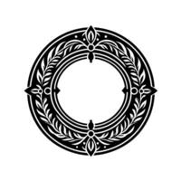 Intricate symmetrical black and white circular featuring floral and leaf motifs, symmetrical embellishments, and a central open circle. vector