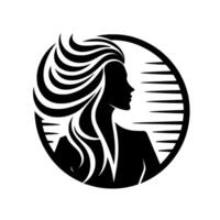 Elegant silhouette of a woman with flowing hair within a circular frame, a sophisticated and minimalist black and white evoking beauty and grace. vector