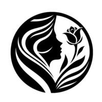 Elegant black and white circular featuring a womans profile intertwined with a rose, representing beauty and femininity. vector