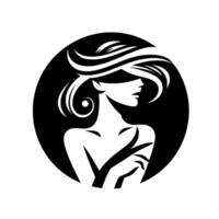 A stylized black and white illustration of a womans silhouette within a dark circular background, featuring flowing hair and a mysterious blindfold. vector