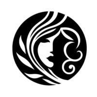 A stylized silhouette of a womans face within a circle, featuring flowing hair, leaf elements, and a graceful, minimalist design. vector