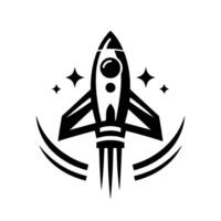 Minimalist black and white rocketship featuring stars and curved trails, evoking space exploration and futuristic themes. vector