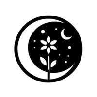 Symbolic floral nightscape crescent moon encircling a flower with starlit sky, minimalistic black and white illustration. vector