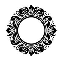Elegant black and white circular ornamental frame featuring floral and swirling decorative elements enclosing a blank interior. vector