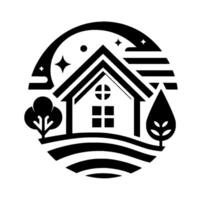 A stylized, minimalist emblem of a home with a cross window, surrounded by trees, stars, and a circular border, promoting a sense of tranquility. vector