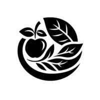 A minimalist black and white illustration of an apple nestled with leaves in a circular composition, symbolizing nature and health. vector