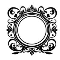 An elegant black and white circular frame with ornate flourishes, ideal for invitations, logos, and decorative elements. vector