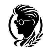 Silhouetted profile of a man with a bold pompadour hairstyle, round glasses, framed within a circle, accentuated by laurel leaves. vector