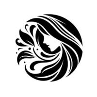 Elegant silhouette of a womans profile intertwined with leaves, forming a harmonious circular composition in black and white. vector