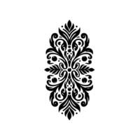 Symmetrical, ornate, black and white featuring a stylized floral pattern with leaves, swirls, and orblike elements, elegantly detailed. vector