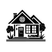 Minimalist black and white illustration of a house with a circular window, chimney, trees, door, and windows, evoking simplicity. vector