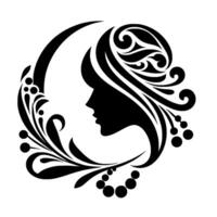 A stylized silhouette of a womans profile within a circular design, featuring elegant hair, decorative floral elements, and a beaded adornment, evoking a sense of beauty. vector