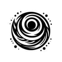 A minimalist monochrome circular featuring concentric spiraling lines and stylized organic elements, with scattered dot accents, evoking a sense of natural motion. vector
