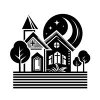A stylized black and white illustration of a church at night, with a crescent moon, stars, and trees. vector