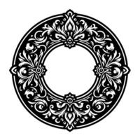 A symmetrical, elegant circular ornamental in black and white, featuring detailed floral and scrollwork patterns, creating a classical, decorative frame. vector