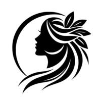 Silhouette of a womans profile, framed by a crescent, adorned with leaves and flowing hair, in stark black and white, evoking elegance and nature. vector