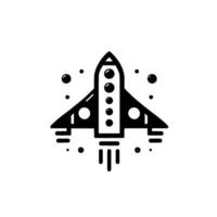 A minimalist black and white illustration of a rocket ship taking off, surrounded by stylized stars. vector