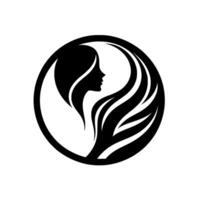 Elegant black and white silhouette of a womans profile with flowing hair enclosed in a circle, emphasizing grace and beauty. vector