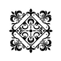 Intricate symmetrical black and white floral design, geometric center with ornate swirling leaf pattern, square composition. vector