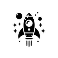 A minimalist black rocket ship soaring through a white void, surrounded by stars and celestial bodies, creating a sense of wonder and exploration. vector