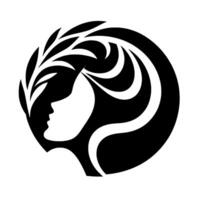 Silhouette of a womans profile within a circle, adorned with flowing hair and a leaf branch, a stark black and white minimalist illustration. vector