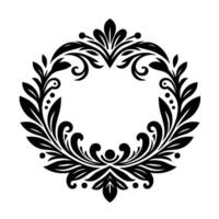 Intricate black and white floral wreath design, featuring detailed leaves, swirls, and symmetrical arrangement, creating a classic, elegant, and versatile border frame on a clean white background. vector