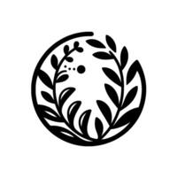 A minimalist black and white circular design, showcasing a stylized wreath of botanical elements including leaves and berries, creating a harmonious, symmetrical composition. vector