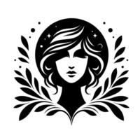 Elegant black and white portrait of a woman with flowing hair, surrounded by celestial and floral elements, evoking a mystical and serene atmosphere. vector