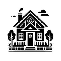 A minimalist black and white illustration of a charming house, complete with trees, clouds and a fence, evoking a sense of serene simplicity. vector