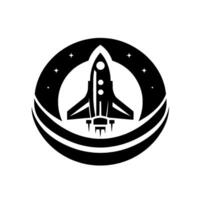 A minimalist black and white features a stylized rocket ship ascending within a circle, representing innovation and space exploration. the includes stars, and a crescent shape. vector