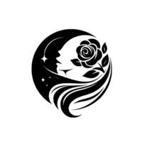 Silhouette of a womans profile intertwined with crescent moon, embellished with stars and rose, forming a circular composition of beauty. vector