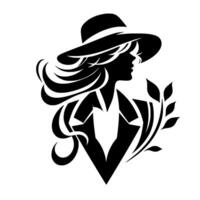 Silhouette of an elegant woman in a widebrimmed hat, with flowing hair and botanical accents on a pure white background. vector
