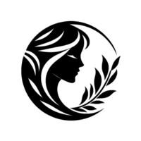 Elegant silhouette of a womans profile encircled by flowing hair and olive branch, symbolizing grace and serenity in a minimalist style. vector