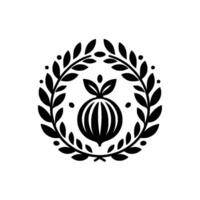 Minimalist black and white circular emblem featuring a stylized fruit with leaves, encircled by a laurel wreath, on a white background. vector