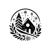 Minimalist circular winter scene a house and pine in a snowy landscape, surrounded by floral elements and falling snowflakes, in bold black and white design. vector