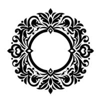 Intricate black and white floral frame featuring an open circular center and ornate flourishes. vector