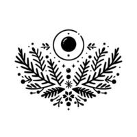 A symmetrical minimalist black and white featuring a central eyelike orb, surrounded by stylized branches, dots, and snowflakelike motifs. vector