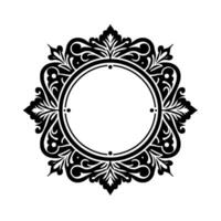 Intricate black and white circular floral ornament with a central empty circle, decorative edging, and elegant on a white background. vector