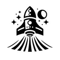 A stylized black and white illustration of a rocket launching into space, with stars and a crescent moon, evoking retro spaceage imagery. vector
